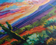 Carregar imagem no visualizador da galeria, Framed Canvas Print, Cacti and Mountains at Sunset Wall Art, Vibrant Southwest Decor for Living Room or Bedroom, Nature Art Decoration Piece