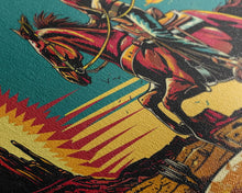 Load image into Gallery viewer, Cowboy Riding Through Desert, Southwestern Landscape Art, Framed Canvas Print, Boho Decor, Desert Art, Rustic Wall Art