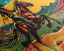 Load image into Gallery viewer, Cowboy Galloping in Desert, Vibrant Sunset Western Art, Framed Canvas Print, Farmhouse Decor, Colorful Wall Art, Cowboy Theme