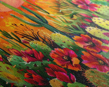 Cargar imagen en el visor de la galería, Colorful cactus garden in desert sunset, Framed Canvas Print, perfect for farmhouse living room, bohemian wall art