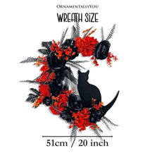 Load image into Gallery viewer, Crescent Moon Floral Black Cat Wreath, 20" Black and Orange Halloween Door Decoration