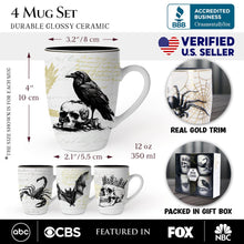 Load image into Gallery viewer, Elegant Goth Set of 4 Ceramic Mugs with Real Gold Trim, Black and White Spooky Halloween Coffee Cup Kitchen Gift