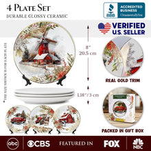 Carregar imagem no visualizador da galeria, Farmhouse Christmas Set of 4 Plates with Real Gold Elements, Holiday Tableware Collection for Salad, Dessert, Appetizer, and Side Plates