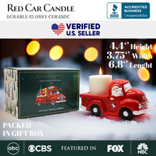 Carregar imagem no visualizador da galeria, Red Truck with Santa Christmas Candle, Ceramic and Scented with an Invigorating Lemon Basil Fragrance