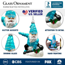 Load image into Gallery viewer, Snowboarding Gnome Glass Christmas Ornament, Winter Blue Aspen Tree Decor