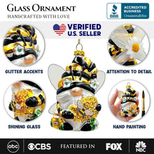 Carregar imagem no visualizador da galeria, (Pre-Order) Sparkling Bee Gnome Glass Christmas Ornament, Bumblebee Themed Holiday Decor