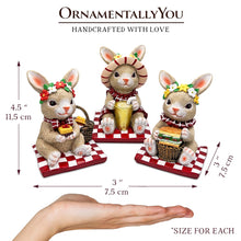 Carregar imagem no visualizador da galeria, Joyful Picnic Gathering Bunny Trio Set of Three Figurines, Spring Rabbit Statue 4.5" Decor