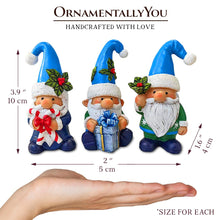 Carregar imagem no visualizador da galeria, Sky Blue Hat Festive Holiday Gnome Set of Three Miniature Christmas Tabletop Figurine Statues