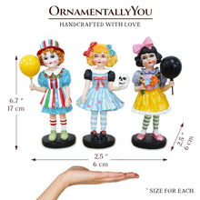 Carregar imagem no visualizador da galeria, Spooky Victorian Masquerade Girl Trio, 6" Trick or Treat Clown Figurines and Hauntingly Elegant Halloween Decor
