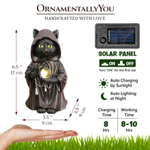 Carregar imagem no visualizador da galeria, (Pre-Order) Ominous Black Cat Wizard Figurine, 7" Solar Light Gothic Yard Statue Decor