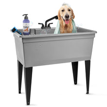 Load image into Gallery viewer, Tehila Freestanding Double-Wide Grey Utility Sink with Steel Legs & Black Pull-Out Faucet, Multi-Purpose Heavy-Duty Laundry Tub and Kitchen Sink for Homes & Business