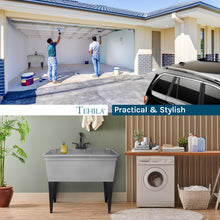 Load image into Gallery viewer, Tehila Freestanding Double-Wide Grey Utility Sink with Steel Legs & Black Pull-Out Faucet, Multi-Purpose Heavy-Duty Laundry Tub and Kitchen Sink for Homes & Business