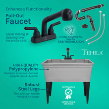 Load image into Gallery viewer, Tehila Freestanding Double-Wide Grey Utility Sink with Steel Legs & Black Pull-Out Faucet, Multi-Purpose Heavy-Duty Laundry Tub and Kitchen Sink for Homes & Business