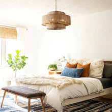 Load image into Gallery viewer, Bohemian Antique Gold 6-Light Drum Downrod Mount with Natural Rope Shade