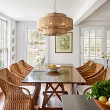 Load image into Gallery viewer, Bohemian Antique Gold 6-Light Drum Downrod Mount with Natural Rope Shade