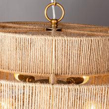 Load image into Gallery viewer, Bohemian Antique Gold 6-Light Drum Downrod Mount with Natural Rope Shade