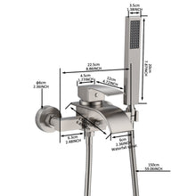 Carregar imagem no visualizador da galeria, Brushed Nickel Waterfall Wall-Mount Bath Tub Filler Faucet: Complete with Handheld Shower for a Luxurious Bathing Experience