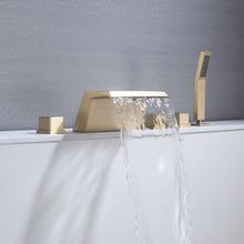 Cargar imagen en el visor de la galería, Waterfall Tub Filler Bathtub Faucet Brushed Gold 5-Hole 3-Handle Solid Brass Bathroom Bath Tub Faucets Mixer Tap with Hand Shower