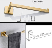 Carregar imagem no visualizador da galeria, Square 4-Piece Stainless Steel Brushed Gold Bathroom Hardware Set - Towel Bar, Towel Ring, Toilet Paper Holder, Robe Hook, and Tower Holder - Wall Mounted