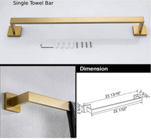 Carregar imagem no visualizador da galeria, Square 4-Piece Stainless Steel Brushed Gold Bathroom Hardware Set - Towel Bar, Towel Ring, Toilet Paper Holder, Robe Hook, and Tower Holder - Wall Mounted