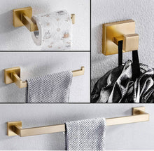 Carregar imagem no visualizador da galeria, Square 4-Piece Stainless Steel Brushed Gold Bathroom Hardware Set - Towel Bar, Towel Ring, Toilet Paper Holder, Robe Hook, and Tower Holder - Wall Mounted