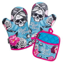 Load image into Gallery viewer, BB Flower Skull Oven Mitts And Potholder Set