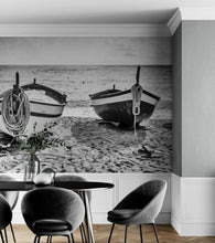 Carregar imagem no visualizador da galeria, Black and White Nautical Theme Wallpaper Mural. Boat on Shore Wall Mural. #FT-380