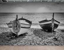 Carregar imagem no visualizador da galeria, Black and White Nautical Theme Wallpaper Mural. Boat on Shore Wall Mural. #FT-380