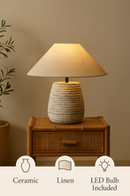 Carregar imagem no visualizador da galeria, Nogy Textured Ceramic Japandi Table Lamp – Ribbed Stone Base with Linen Shade