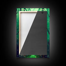 Load image into Gallery viewer, Emerald green city streets under a full moon, cool spooky art, framed canvas print