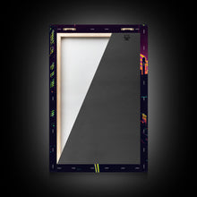 Load image into Gallery viewer, Cyberpunk art, Retrowave style dystopian cityscape art, game room art, framed canvas print, retro wave city skyline