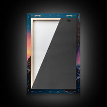 Carregar imagem no visualizador da galeria, A Mythical Waterfall and Rainbow pouring Into the ocean blue at sunset, framed canvas print