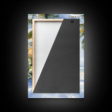 Load image into Gallery viewer, Beach Christmas porch with palm trees and wreaths, holiday decor Framed Canvas Print Christmas wall art farmhouse tropical decor idea