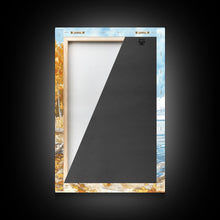 Load image into Gallery viewer, Autumn beach scene with golden trees and calm shoreline Framed Canvas Print, fall landscape art perfect autumn wall decor for rustic homes