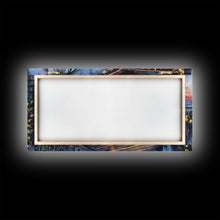 Load image into Gallery viewer, Beachfront porch with surfboards and Christmas lights, Framed Canvas Print with wreaths festive lights, coastal holiday wall art and decor