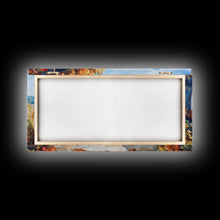 Carregar imagem no visualizador da galeria, Autumn surfboard porch decor scene, Framed Canvas Print with pumpkins and fall leaves on beach, autumn beach house wall art and decor piece