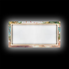 Load image into Gallery viewer, Beach Christmas decor picnic setup with palm trees and lights, framed canvas print showcasing tropical coastal holiday art decor