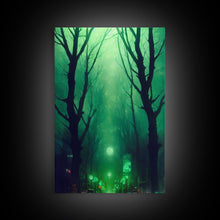 Load image into Gallery viewer, Emerald green city streets under a full moon, cool spooky art, framed canvas print