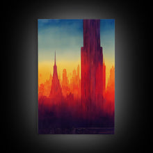 Cargar imagen en el visor de la galería, Chicago at sunset concept art, synthwave style, framed canvas print, ready to hang wall art with frame