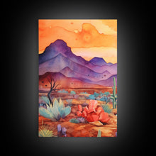 Load image into Gallery viewer, Black Framed 3 Piece Wall Art, Southwestern Desert Scene at Sunset, Minimalist Wall Art, MCM Style Midcentury Wall Decor, Above Sofa Art