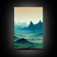 Load image into Gallery viewer, Emerald green rolling hills, fantasy mountains, 3 piece wall art, 3 piece canvas print, cool home wall decor