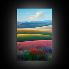 Cargar imagen en el visor de la galería, Colorful rolling hills, flower fields, landscape art, 3 piece wall art, 3 piece canvas, cool centerpiece living room wall art