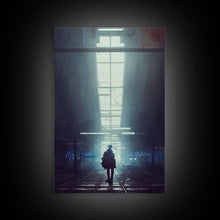 Load image into Gallery viewer, Cyberpunk Android In An Abandoned City, Dystopian Post Apocalyptic Art, Framed Canvas Print, Ready To Hang Framed Wall Art, Living Room