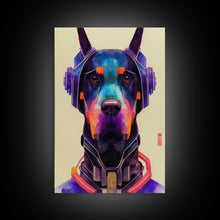 Load image into Gallery viewer, Cyberpunk Dobermann Pinscher Portrait, Watercolor, Framed Canvas Print, Ready To Hang Framed Wall Art, Living Room Wall Hanging