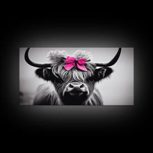 Cargar imagen en el visor de la galería, Cute Highland Cow wearing a Bow, Pink Bow on a Cute Cow, framed canvas print, black and white farmhouse cow art