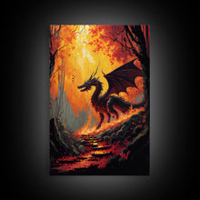 Carregar imagem no visualizador da galeria, Fiery Dragon Burning Down Forest Canvas Print - Mystical Fantasy Wall Art Home Decor Artwork