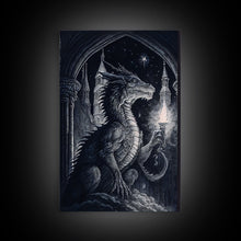 Load image into Gallery viewer, Black and white fantasy dragon, framed canvas print