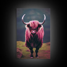 Cargar imagen en el visor de la galería, Colorful farmhouse art, Highland cow, Scotland cattle, framed canvas print, pink cow