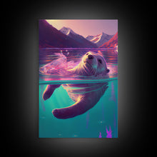 Carregar imagem no visualizador da galeria, Cute Otter going for a swim, pastel retro style art, framed canvas print, Otter out for a swim in a mountain lake