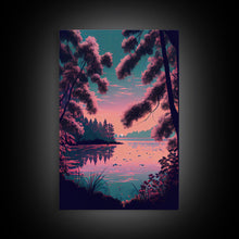 Load image into Gallery viewer, Beautiful Sunset over the lake, My Secret Spot, framed canvas print, Pinkwave retro style landscape art